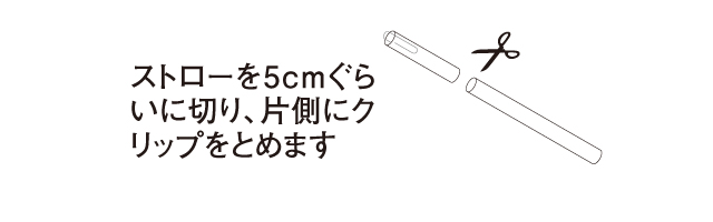 ストローを5cmぐらいに切り、片側にクリップをとめます